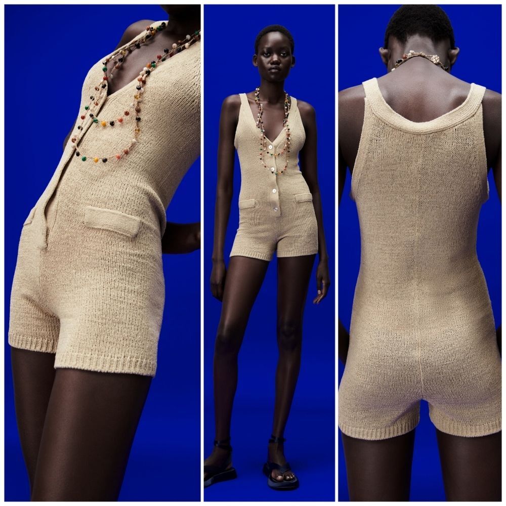 Zara Women's S 5755/048 Rustic Knit Jumpsuit Romper Tan